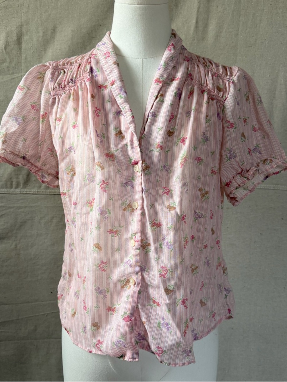 Vintage Pink Floral Ruffle-Sleeve Blouse